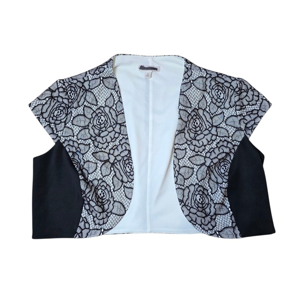 CB Established 1962 Black Lace Cropped Bolero Shrug Jacket‎ Vest Size 14
